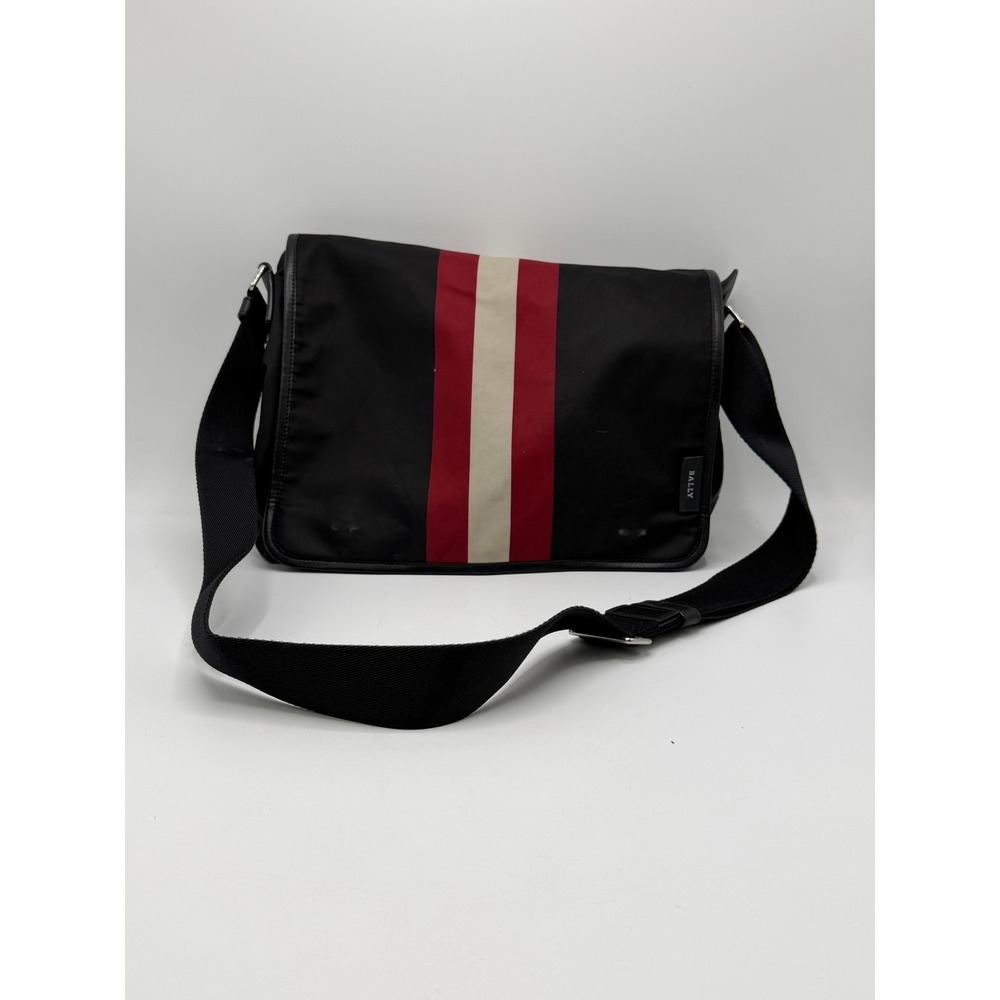 Bally Black Nylon Messenger Crossbody Bag Red White Stripe Flap Zip AS IS